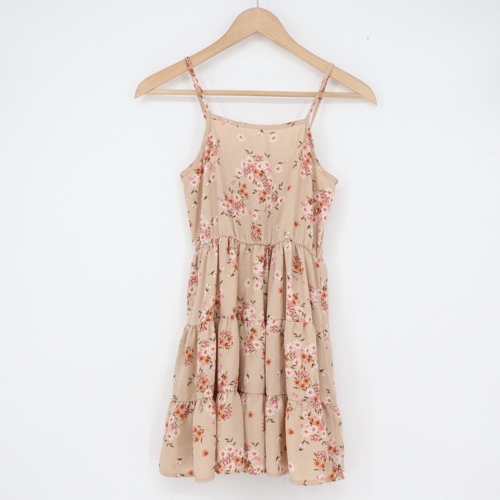 2 Hip Girls Tan Floral Tiered Spaghetti Strap Sundress Size 10 IMD9518